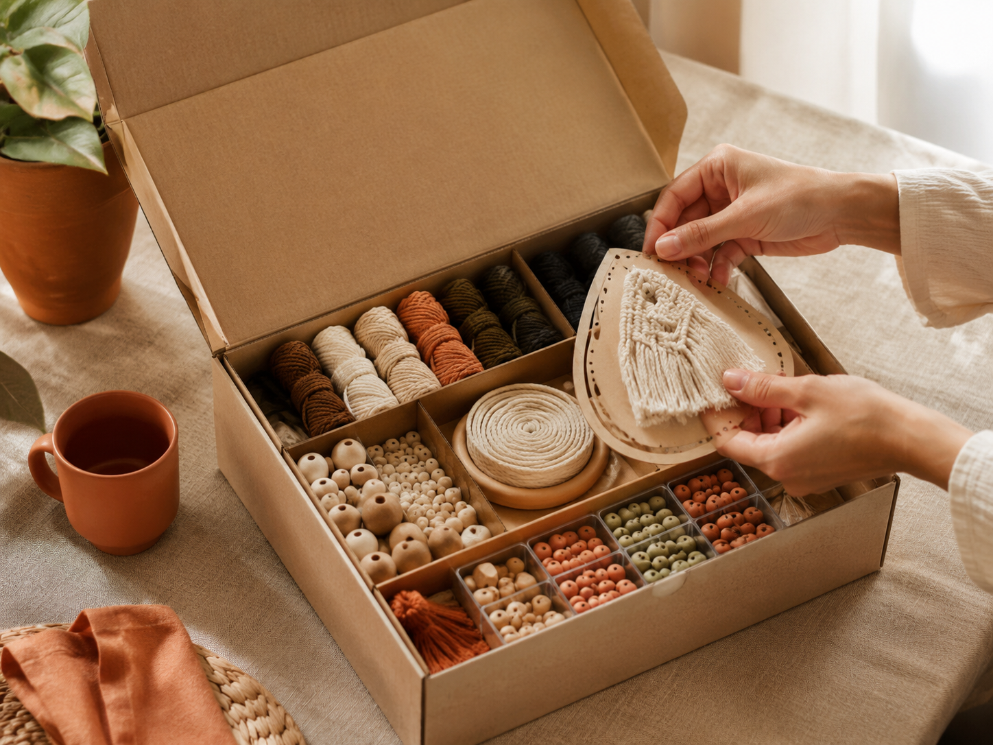An open craft kit box revealing neatly sorted materials on a linen table