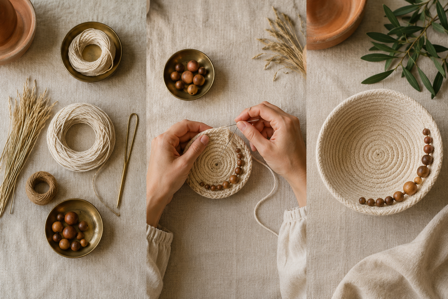 Raw craft materials, hands making, and a finished handmade object laid left to right