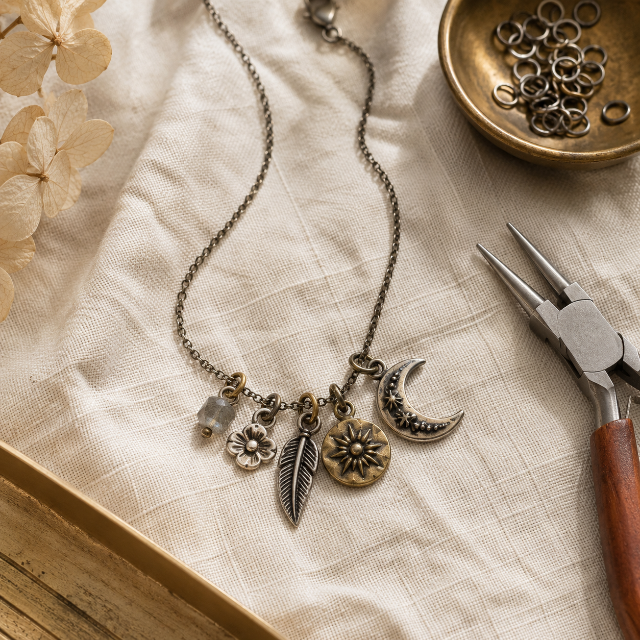 Charm Story Necklace Kit — finished make with kit materials