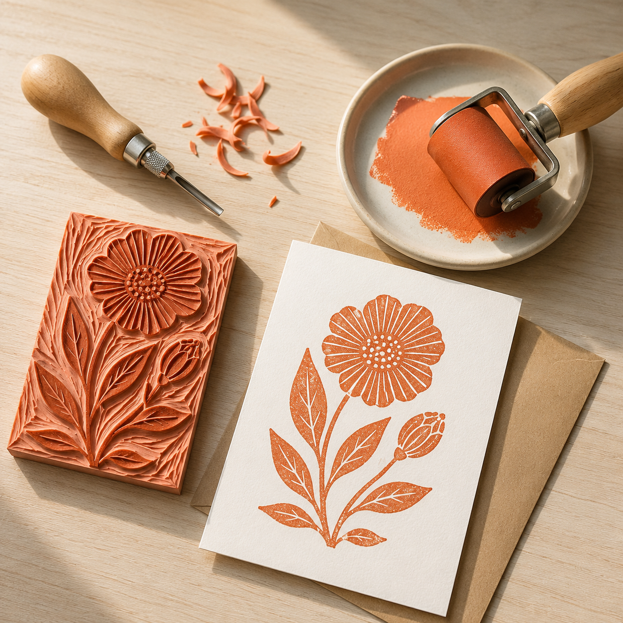 Lino Print Stationery Kit — finished make with kit materials